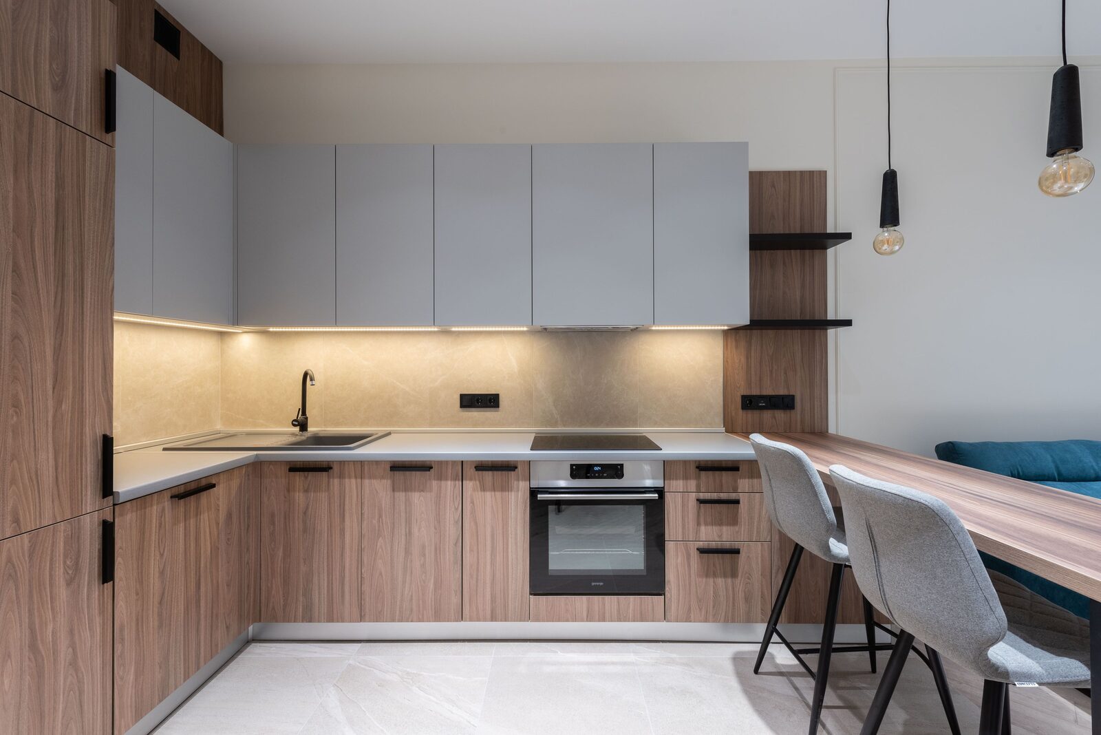 Grey white L kitchen dining Gurgaon
