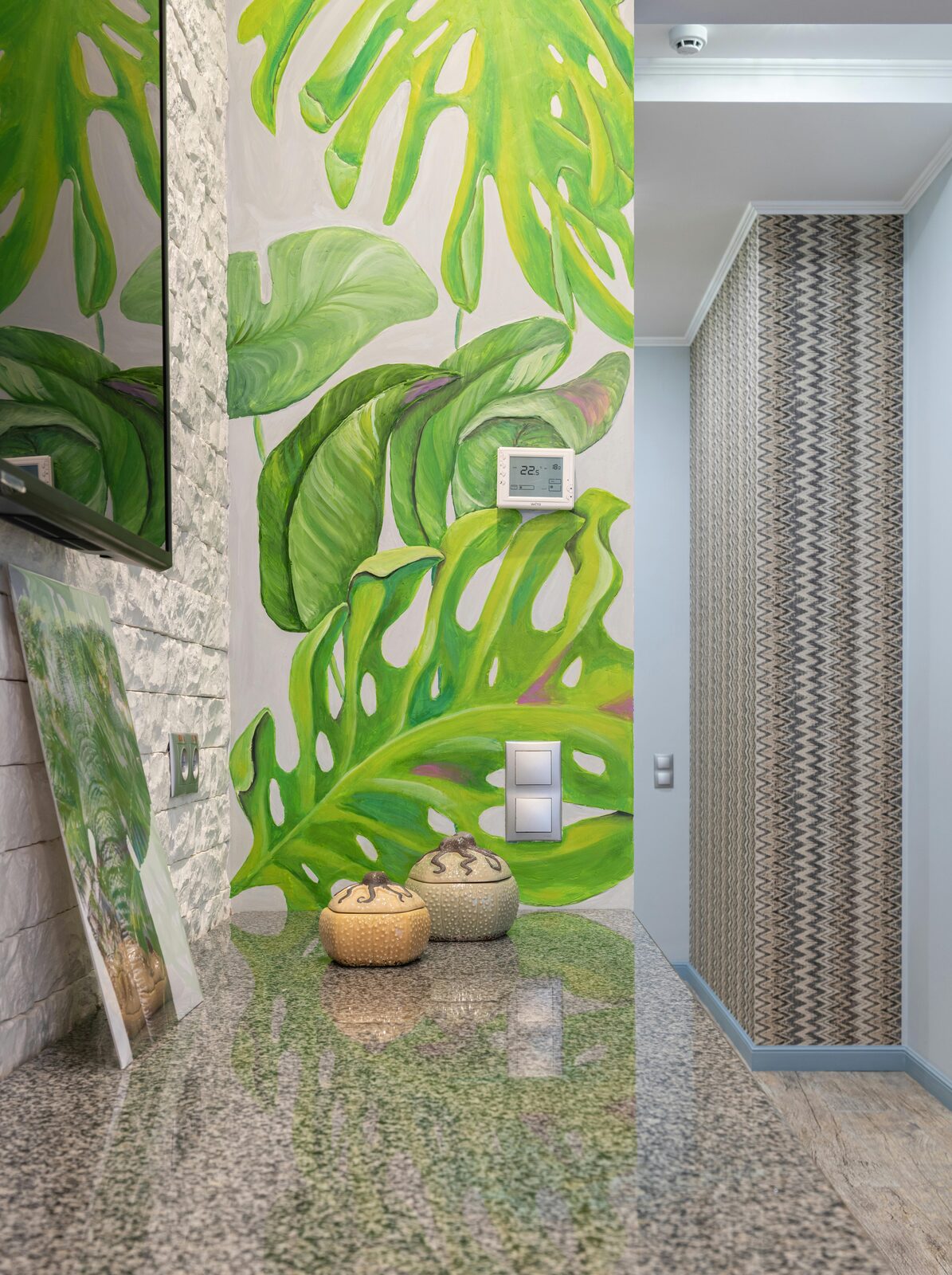 Monstera leaf mural hallway Gurgaon